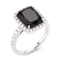Damesring met zwarte diamant 7 karaat natuurlijke radiant halo 14k witgoud