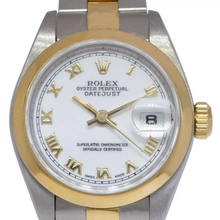 Afbeelding in Gallery-weergave laden, Lunette Witte Romeinse Wijzerplaat Datumjust Rolex Horloge roestvrij staal &amp; Gouden Armband
