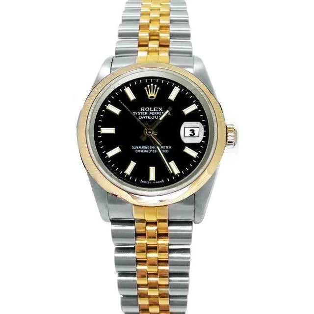 Massief goud en staal Rolex Datumjust horloge Zwarte Stok Wijzerplaat jubileum snel ingesteld
