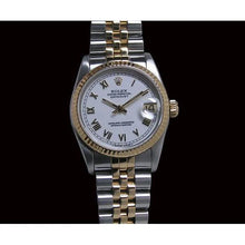 Afbeelding in Gallery-weergave laden, Middelgroot Rolex roestvrij staal 31 mm tweekleurig armbandhorloge met witte Romeinse wijzerplaat

