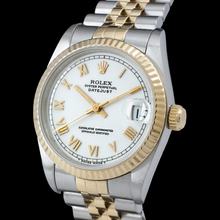 Afbeelding in Gallery-weergave laden, Middelgroot Rolex roestvrij staal 31 mm tweekleurig armbandhorloge met witte Romeinse wijzerplaat
