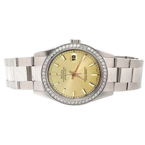 Middelgrote Rolex Stok-wijzerplaat van roestvrij staal met Oester-band en diamanten rand

