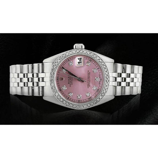 Middelgrote Rolex roestvrij staal Jubileum Armband Datumjust Horloge Roze Diamant Wijzerplaat Lunette
