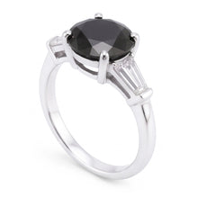 Afbeelding in Gallery-weergave laden, Natuurlijke zwarte diamanten ring 3,6 karaat echte ronde en baguettegeslepen drie stenen 14k witgoud
