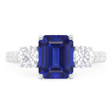Afbeelding in Gallery-weergave laden, Natuurlijke Echte (Niet Labgekweekt) Smaragd Blauwe Saffier Drie Steens Stijl Ring met Accenten 7 Karaat Goud 14K
