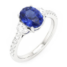 Afbeelding in Gallery-weergave laden, Natuurlijke (niet labgekweekte) Drie Steen Stijl Ring Ovale Blauwe Saffier 6.75 Karaat Echt Witgoud
