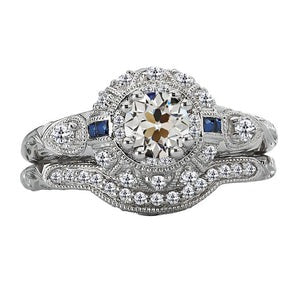 Oude Geslepen Echt Diamant en Saffieren Verlovingsring set Vintage stijl 4 Karaat