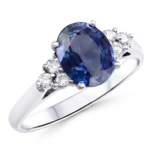 Afbeelding in Gallery-weergave laden, Ovaal geslepen Ceylon saffier en ronde Natuurlijke echte diamanten ( niet in een laboratorium gekweekt ) verlovingsring 3.40 Ct
