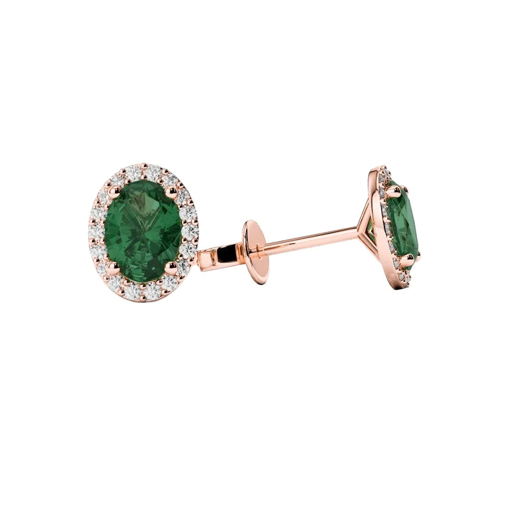 Ovaal geslepen groene smaragd met ronde diamanten 5,40 ct studs Halo Rose goud 14K