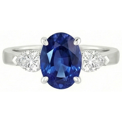 Ovale Ceylon Saffier En Peer Diamant Drie Steen Ring Goud 14K 3 Ct