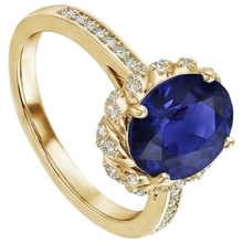 Afbeelding in Gallery-weergave laden, Ovale Halo Edelsteen Ring Blauwe Saffier Pavé Natuurlijke uit de aarde gewonnen Diamant Geelgoud 7 Karaat
