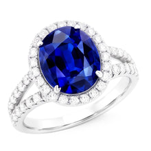 Afbeelding in Gallery-weergave laden, Ovale Sapphire Halo Trouwring Set Pave Split Shank 5 Karaat Goud
