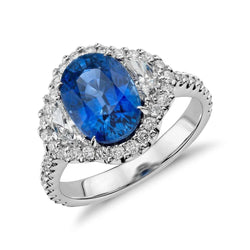 Ovale blauwe saffier en diamanten ring witgouden sieraden 2 ct.