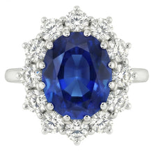 Afbeelding in Gallery-weergave laden, Ovale Blauwe Saffier &amp; Ronde Natuurlijke uit de aarde gewonnen Diamanten Halo Ring 6.50 Ct. Witgoud 14K
