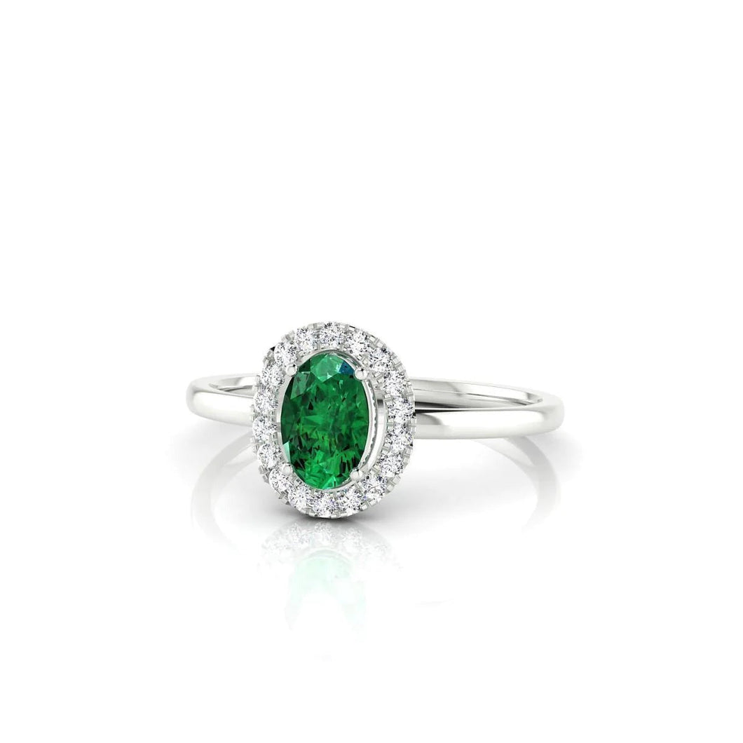 Ovale groene smaragd met ronde diamant 4,50 karaat jubileumring