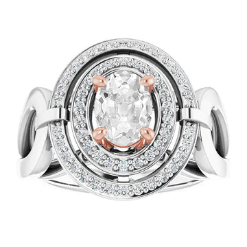 Ovale Old Cut Echt Diamond Double Halo Ring Prong Set 4,50 Karaat Tweekleurig