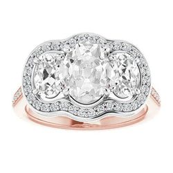 Ovale Oud Geslepen Natuurlijke uit de aarde gewonnen Diamanten Halo Ring Tweekleurig Prong Gezet 12 Karaat
