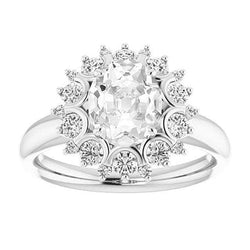 Ovale Oude Geslepen Echt Diamanten Halo Ring Bloemen Stijl 14K Wit Goud 6,50 Karaat