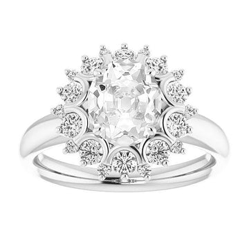 Ovale Oude Geslepen Echt Diamanten Halo Ring Bloemen Stijl 14K Wit Goud 6,50 Karaat