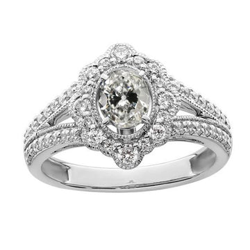 Ovale Oude Geslepen Echt Diamanten Ring Bloem Vintage Stijl Gespleten Schacht 4 Karaat