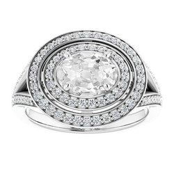 Ovale Oude Mijnwerker Echt Diamanten Dubbele Halo Ring Prong Set Gespleten Schacht 9 Karaat