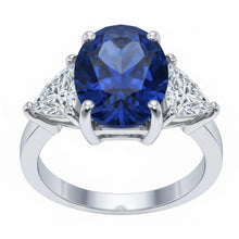 Afbeelding in Gallery-weergave laden, Ovale Sri Lanka Kleur Saffier Trillion IGI GECERTIFICEERDE Diamanten Drie Stenen Ring 6.01 Karaat

