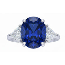 Afbeelding in Gallery-weergave laden, Ovale Sri Lanka Kleur Saffier Trillion IGI GECERTIFICEERDE Diamanten Drie Stenen Ring 6.01 Karaat
