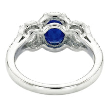 Afbeelding in Gallery-weergave laden, Ovale saffier Halo Ring 3 stenen stijl 3,50 karaat gespleten schacht Natuurlijke echte diamant ( niet in het laboratorium gekweekt )en
