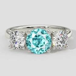 Paraiba Toermalijn en Ronde Diamant Drie-Steen Ring