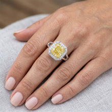Afbeelding in Gallery-weergave laden, Pavé Fancy Gele Diamant Halo Ring 4,25 karaat – Bicolor 14K Goud
