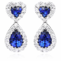 Peer blauwe saffier diamant bengelen oorbel wit goud 14K 4.08 ct.