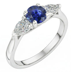 Peer Natuurlijke echte diamant ( niet in het laboratorium gekweekt ) drie stenen ronde natuurlijke blauwe saffier ring 1,50 karaat
