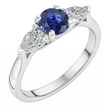 Afbeelding in Gallery-weergave laden, Peer Natuurlijke echte diamant ( niet in het laboratorium gekweekt ) drie stenen ronde natuurlijke blauwe saffier ring 1,50 karaat
