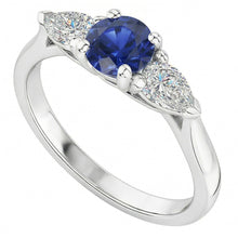 Afbeelding in Gallery-weergave laden, Peer Natuurlijke echte diamant ( niet in het laboratorium gekweekt ) drie stenen ronde natuurlijke blauwe saffier ring 1,50 karaat
