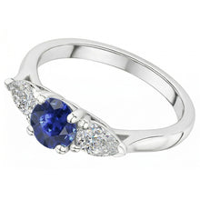 Afbeelding in Gallery-weergave laden, Peer Natuurlijke echte diamant ( niet in het laboratorium gekweekt ) drie stenen ronde natuurlijke blauwe saffier ring 1,50 karaat
