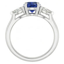 Afbeelding in Gallery-weergave laden, Peer Natuurlijke echte diamant ( niet in het laboratorium gekweekt ) drie stenen ronde natuurlijke blauwe saffier ring 1,50 karaat
