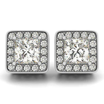 Prachtige 3,32 Karaat Prinses & Ronde geslepen Echt Diamanten Halo Stud Earring