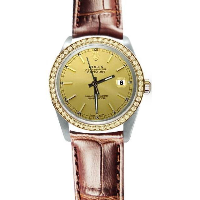 Prachtige champagne stok wijzerplaat datum Rolex horloge bruin lederen band snel ingesteld
