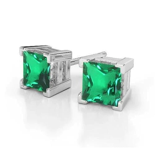 Princess Cut 7 karaat groene smaragd Lady Studs oorbellen wit goud 14K