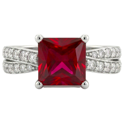 Princess Cut Rode Robijn Met Diamanten 4.10 Ct. Ring Wit Goud 14K
