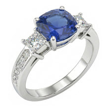 Afbeelding in Gallery-weergave laden, Prinses &amp; ronde Natuurlijke echte diamant ( niet in het laboratorium gekweekt )en ring Sierkussen Ceylon Sapphire 3 karaat goud
