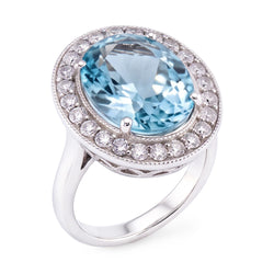 Prong Set 11 kt ronde ring met aquamarijn en Natuurlijke echte diamanten ( niet in een laboratorium gekweekt ) wit goud 14k