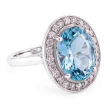 Afbeelding in Gallery-weergave laden, Prong Set 11 kt ronde ring met aquamarijn en Natuurlijke echte diamanten ( niet in een laboratorium gekweekt ) wit goud 14k
