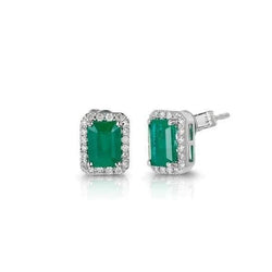 Prong Set 9 karaat groene smaragd met diamanten oorknopjes Wit goud 14K
