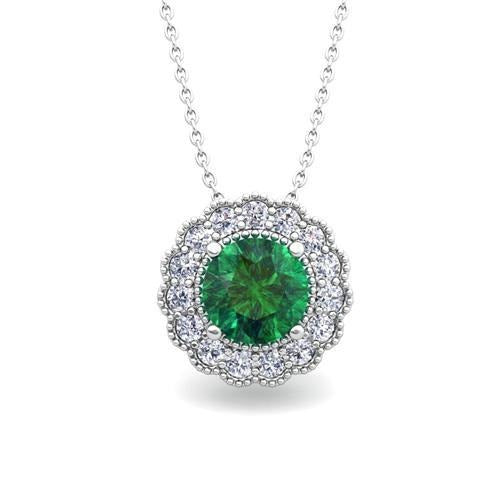 Prong Set Ronde 6,75 karaat groene smaragd en diamanten hanger wit goud 14K