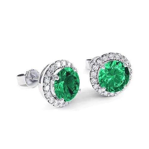 Prong groene smaragd met diamanten 6,5 karaat oorbel wit goud 14K