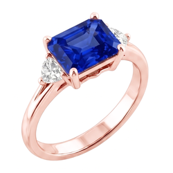 Ring met 3 stenen biljoen Natuurlijke echte diamant ( niet in het laboratorium gekweekt )en blauwe saffier 2,50 karaat gespleten schacht