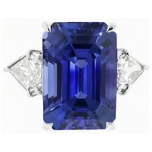 Afbeelding in Gallery-weergave laden, Driestenen Ring Smaragd Blauwe Saffier &amp; Trillion Natuurlijke uit de aarde gewonnen Diamanten 4.50 Karaat Nieuw
