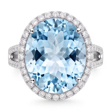 Afbeelding in Gallery-weergave laden, Ring met tanden, rond geslepen 12 kt Aquamarijn en Natuurlijke echte diamanten ( niet in een laboratorium gekweekt ), goud wit
