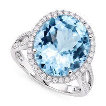 Afbeelding in Gallery-weergave laden, Ring met tanden, rond geslepen 12 kt Aquamarijn en Natuurlijke echte diamanten ( niet in een laboratorium gekweekt ), goud wit
